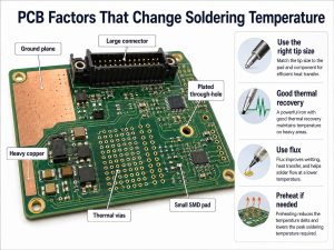 PCB factors that change soldering temperature including ground planes, heavy copper, thermal vias and connector size