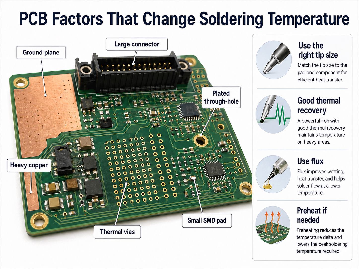 PCB factors that change soldering temperature including ground planes, heavy copper, thermal vias and connector size