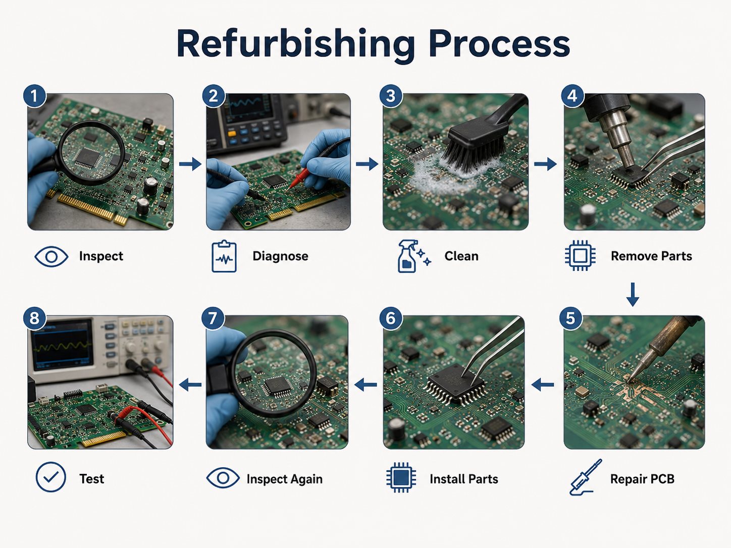 Eight-step circuit board refurbishing process from inspection through final testing