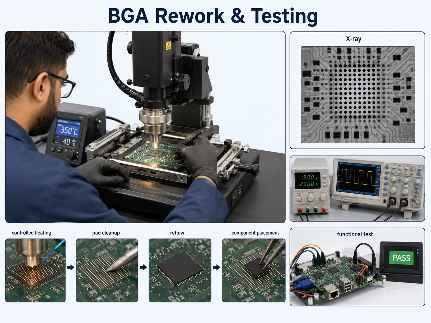 BGA rework station, X-ray inspection and functional testing of a refurbished circuit board