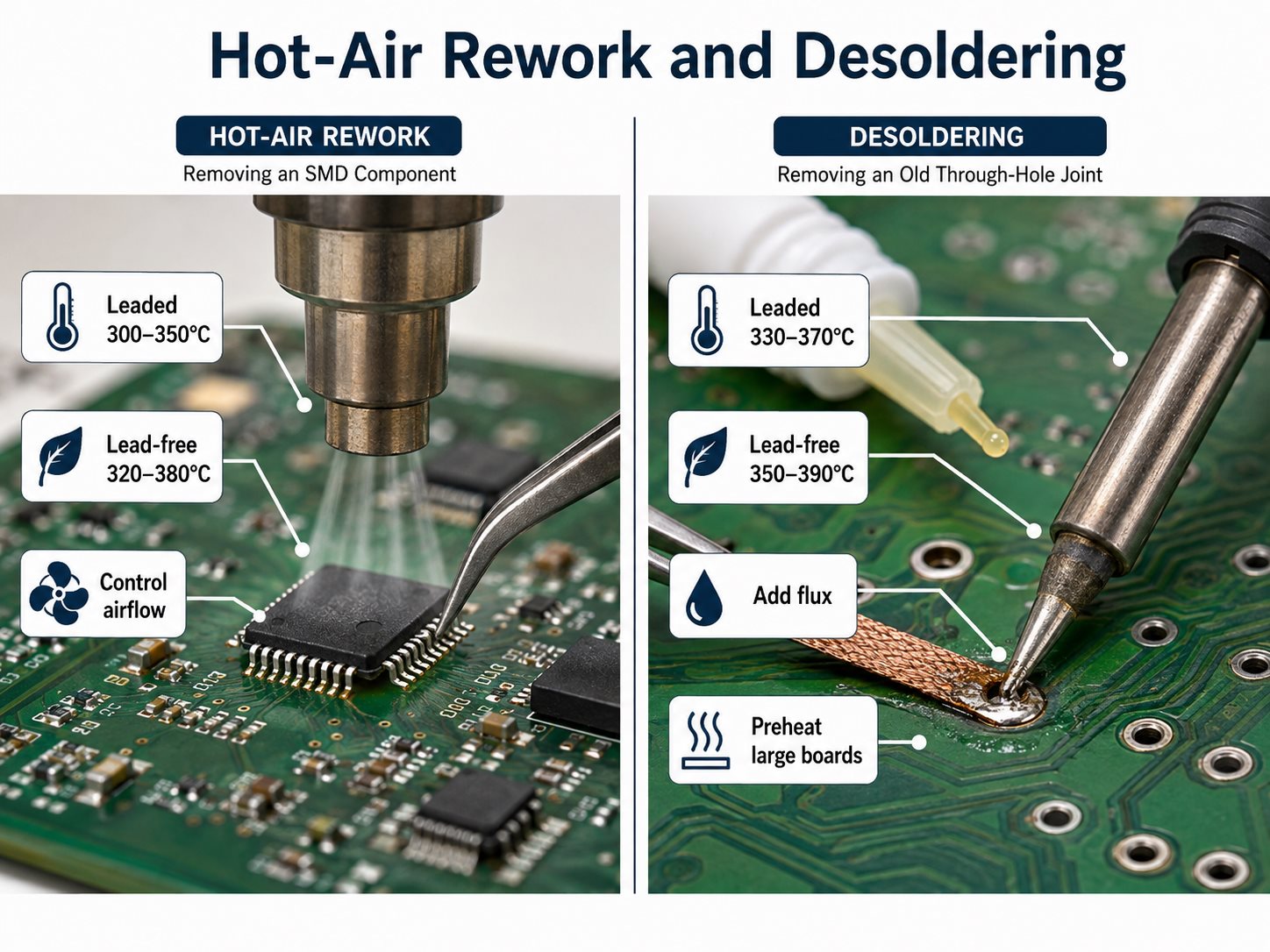 Hot-air rework and desoldering temperature guide for PCB repair