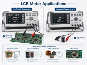 LCR meter applications comparing in-circuit PCB screening with isolated component measurement