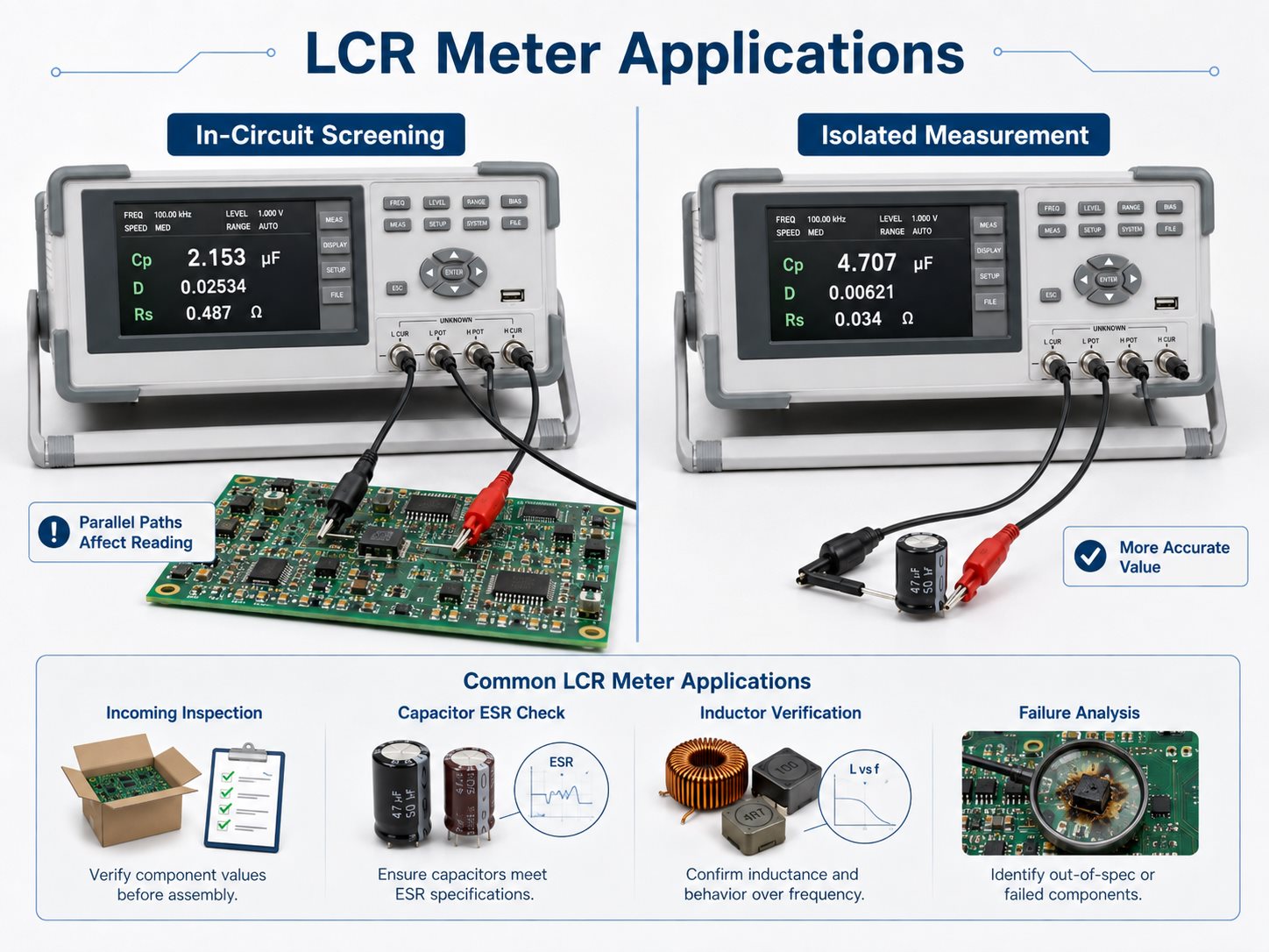 LCR meter applications comparing in-circuit PCB screening with isolated component measurement