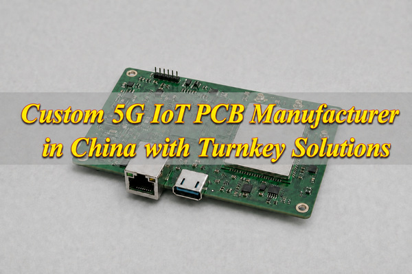 5g iot pcb manufacturer, conceptual unbranded gateway PCB assembly with a shielded module and edge connectors