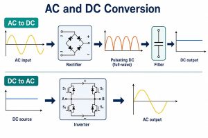 differentiate between direct current and alternating current, engineering diagram showing how AC is converted to DC through rectification and filtering and how DC is converted to AC through inversion