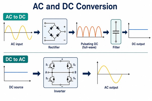 differentiate between direct current and alternating current, engineering diagram showing how AC is converted to DC through rectification and filtering and how DC is converted to AC through inversion