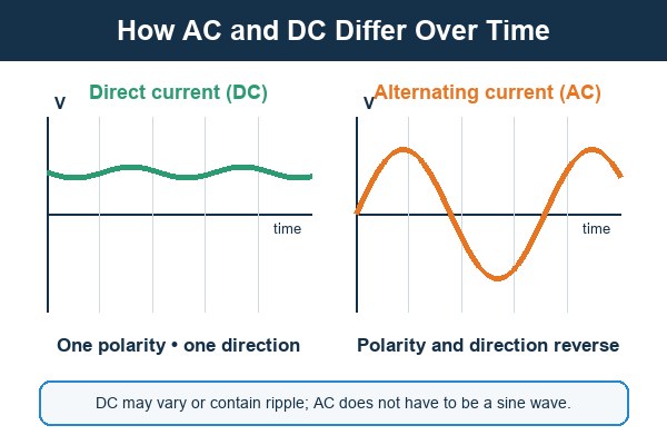 differentiate between direct current and alternating current, AC and DC waveforms comparing a one-polarity DC trace with a polarity-reversing AC trace