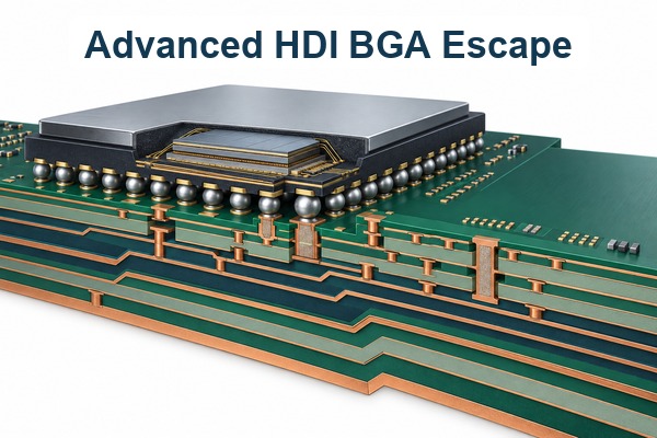 advanced HDI PCBs, three-dimensional BGA escape cutaway with via-in-pad and blind microvia connections