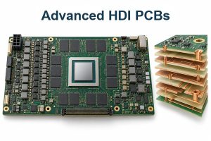 advanced HDI PCBs, white-background AI accelerator board beside an exploded multilayer HDI structure