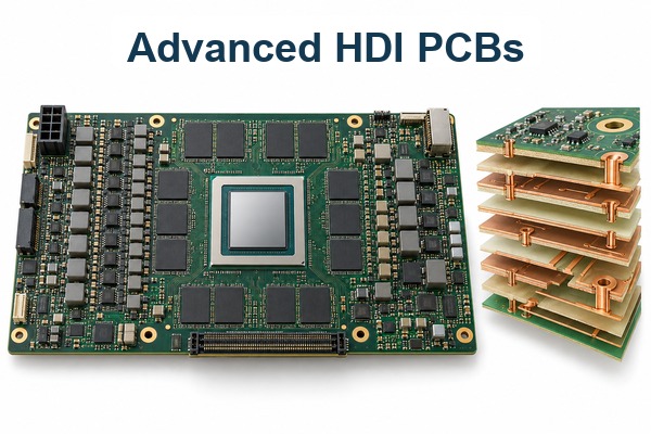 advanced HDI PCBs, white-background AI accelerator board beside an exploded multilayer HDI structure