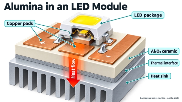 Conceptual LED module cross-section identifying copper pads, Al2O3 ceramic insulation, thermal interface and heat sink