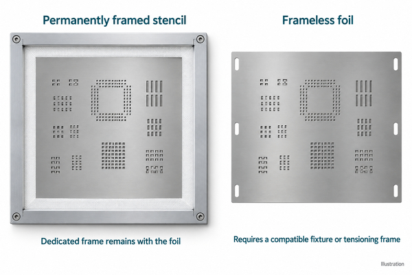 Illustration comparing a permanently framed stencil with a frameless foil requiring compatible mounting