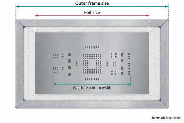 Schematic distinguishing outer frame size, foil size and aperture pattern width