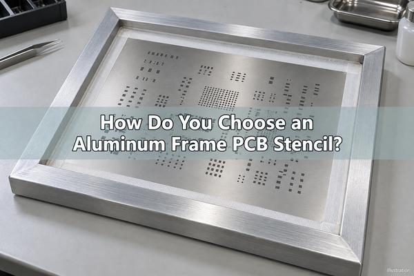 Illustration of an aluminum frame PCB stencil with a mesh border and stainless steel foil