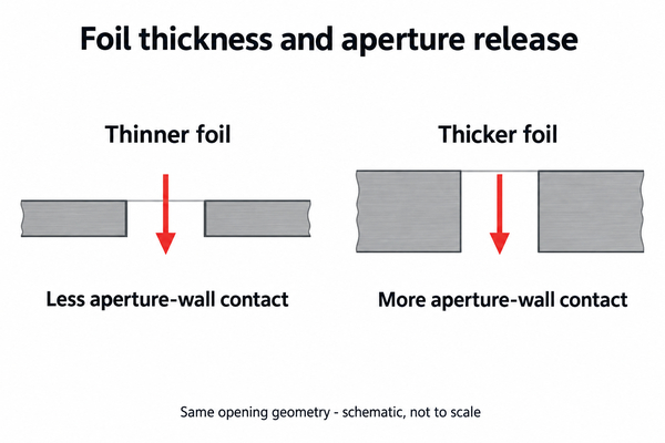Schematic showing greater aperture-wall contact with thicker stencil foil for the same opening