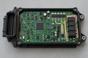 Opened automotive body control module showing the internal PCB, connectors, MCU, transceivers, and power drivers