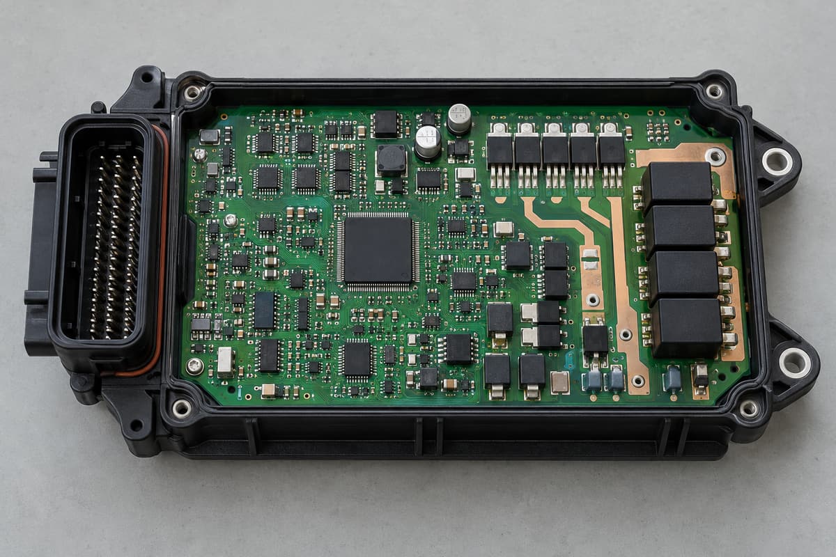 Opened automotive body control module showing the internal PCB, connectors, MCU, transceivers, and power drivers