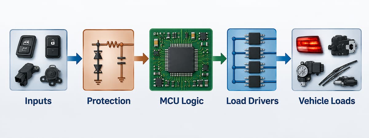 BCM signal flow from inputs through protection and MCU logic to load drivers and vehicle loads