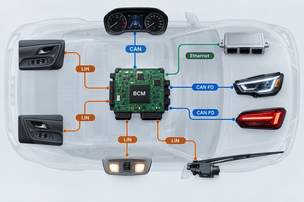 Vehicle network diagram connecting a BCM to body functions through CAN, CAN FD, LIN, and Ethernet