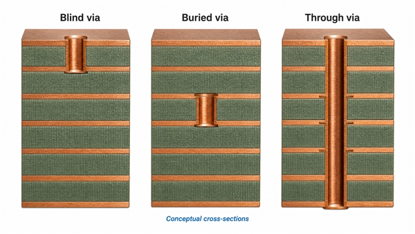 Blind vias compared with buried and through vias using conceptual PCB cross-sections