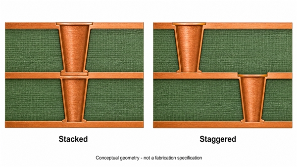 Conceptual stacked and staggered blind vias with separate copper target-pad interfaces