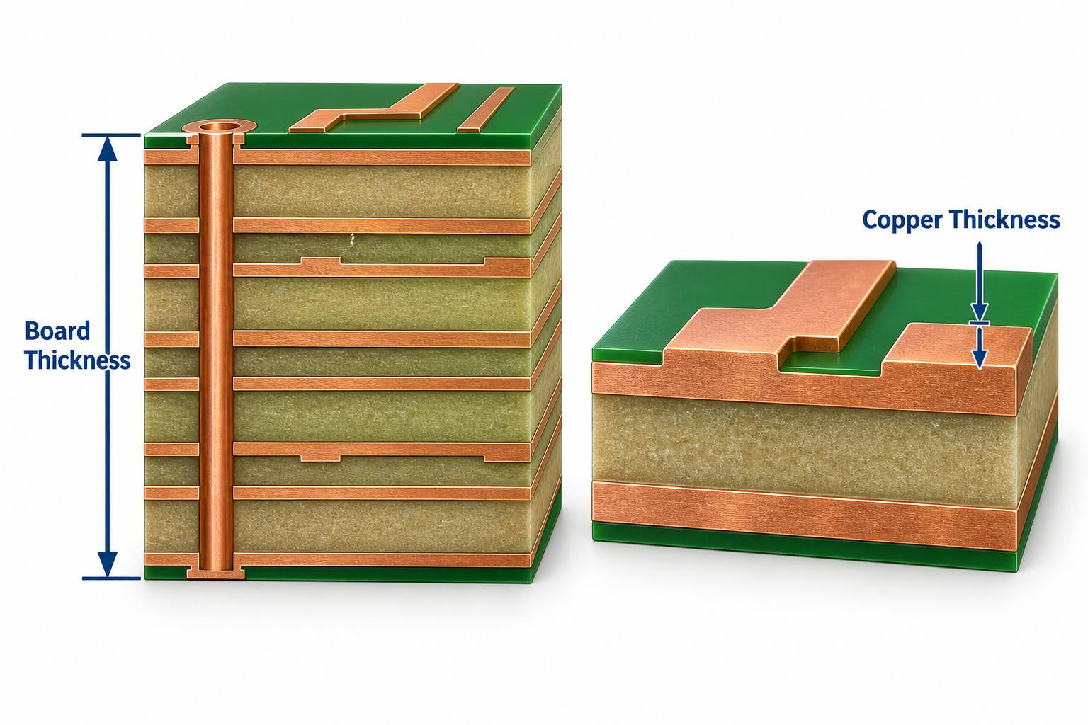 PCB board thickness compared with copper thickness in cross-section