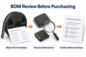 BOM review covering part-number matching, alternatives and customer approval before purchase