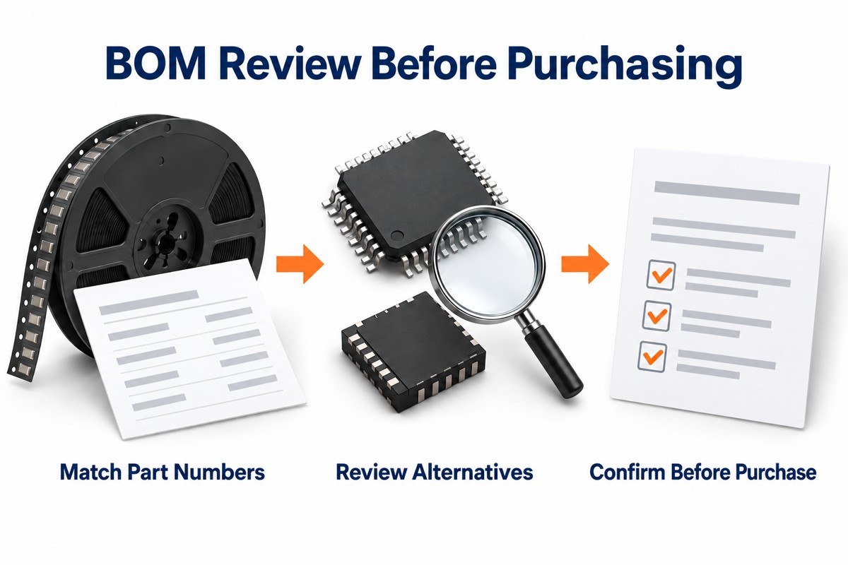 BOM review covering part-number matching, alternatives and customer approval before purchase