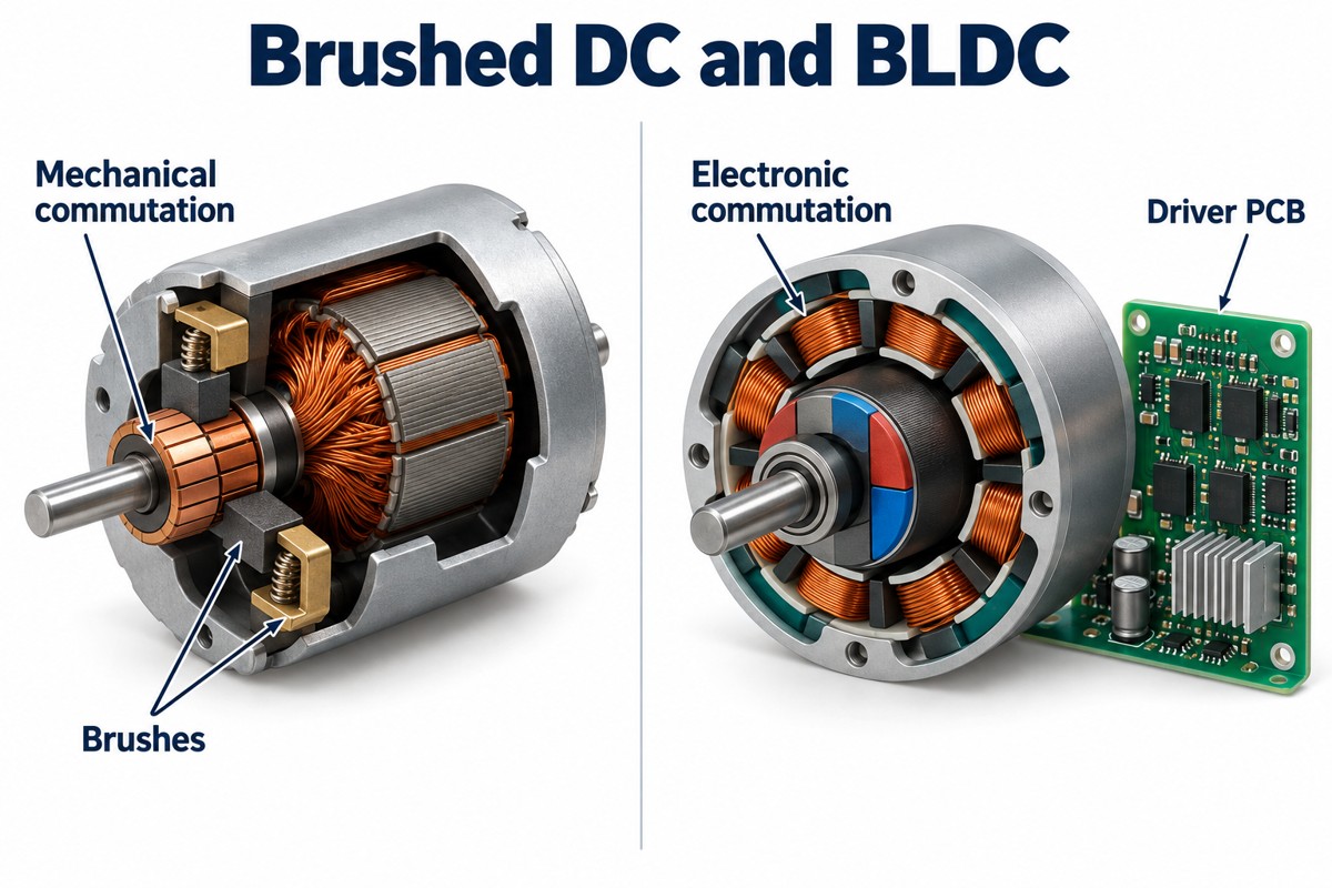 Mechanical brush commutation compared with electronic BLDC commutation