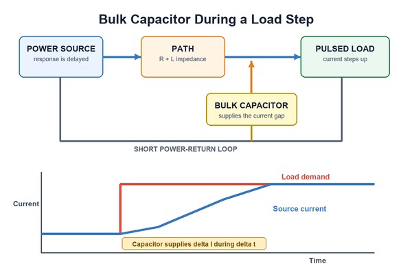 Bulk capacitor, diagram showing a capacitor supplying the current gap during a load step before the power source responds