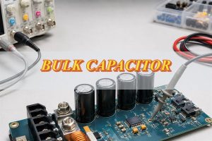 Bulk capacitor, electrolytic capacitor bank on a power electronics PCB under bench evaluation