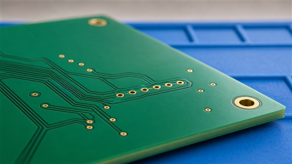Close-up illustration of PCB ground copper, isolated signal pads and plated vias for layout review