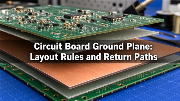Circuit board ground plane illustrated as a continuous copper layer beneath insulated signal routing