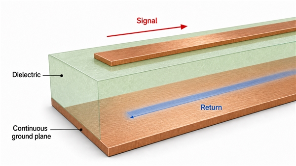 Conceptual signal and opposing high-frequency return directions on separate layers, not to scale
