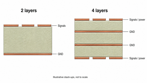 Two-layer and four-layer examples showing signal conductors separated from continuous ground copper by dielectric