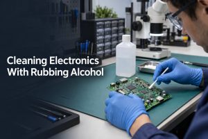 Technician cleaning a powered-off PCB at an ESD-safe workbench with rubbing alcohol