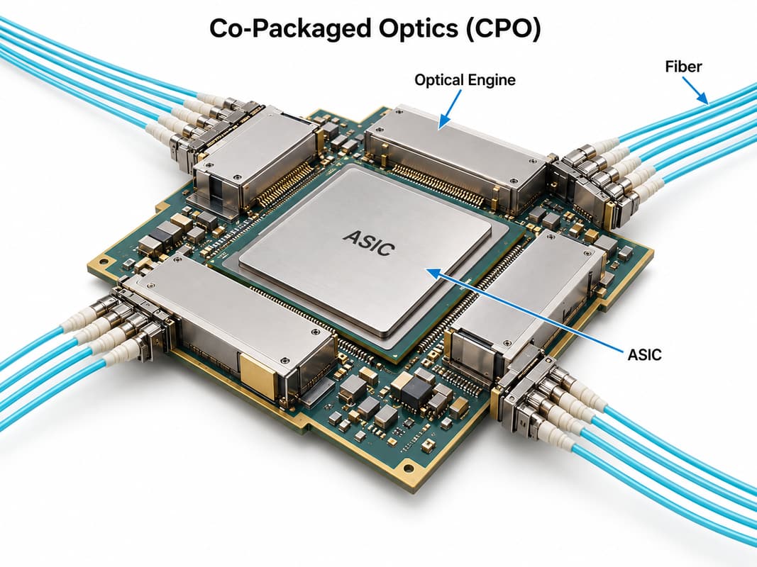 Co-Packaged Optics CPO architecture with ASIC, optical engines and fiber