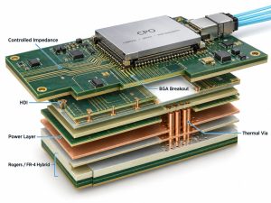 PCB requirements for Co-Packaged Optics including controlled impedance, HDI, BGA breakout, power layers, thermal vias and Rogers FR-4 hybrid stackup