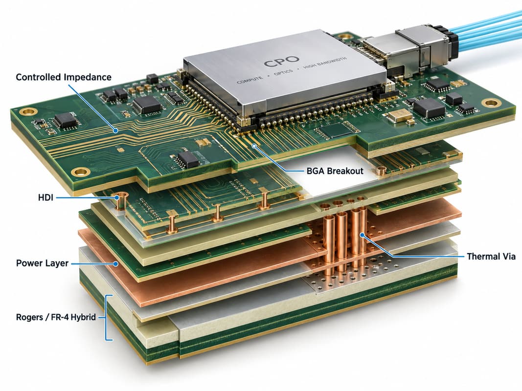 PCB requirements for Co-Packaged Optics including controlled impedance, HDI, BGA breakout, power layers, thermal vias and Rogers FR-4 hybrid stackup