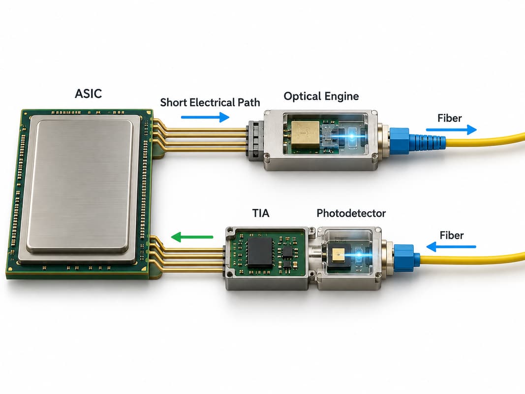 Co-Packaged Optics transmit and receive signal flow from ASIC to optical engine and fiber