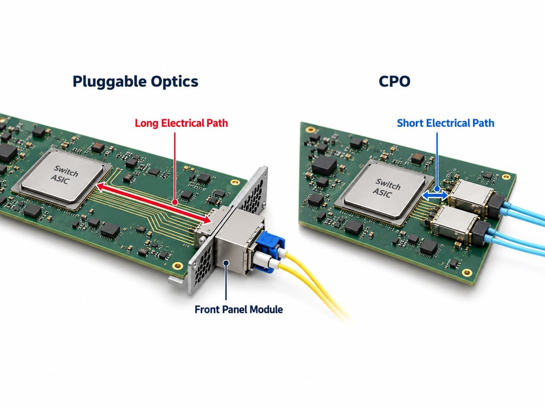 Comparison of Co-Packaged Optics and pluggable optics showing short versus long electrical paths