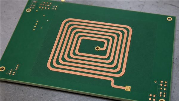 Continuous copper coil on PCB with an inner via and outer terminal