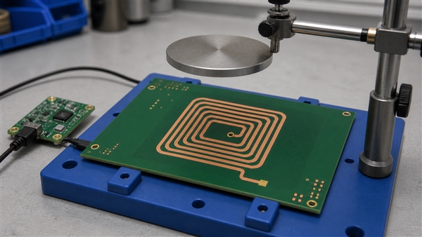 Illustrative inductive sensing fixture with a metal target separated from a PCB coil