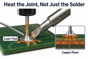 Soldering tip heating the lead and pad with an inset showing heat spreading through copper