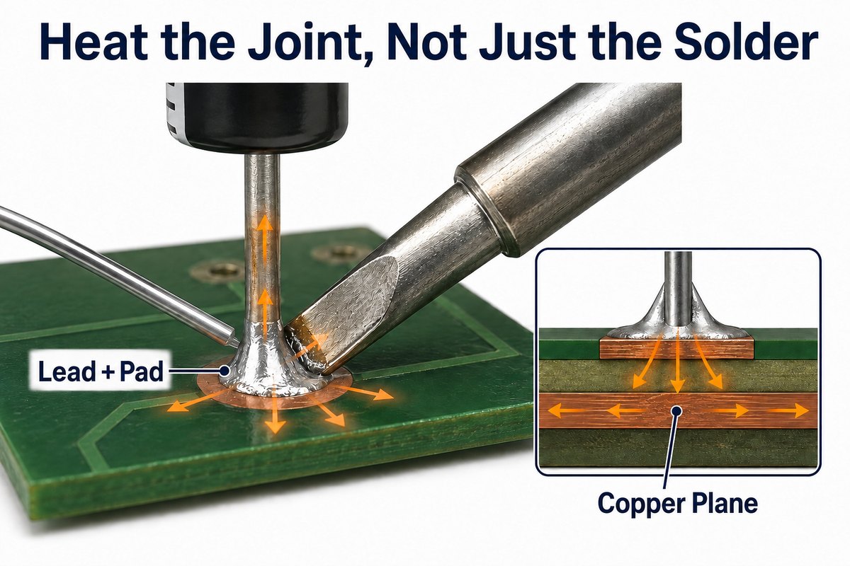 Soldering tip heating the lead and pad with an inset showing heat spreading through copper