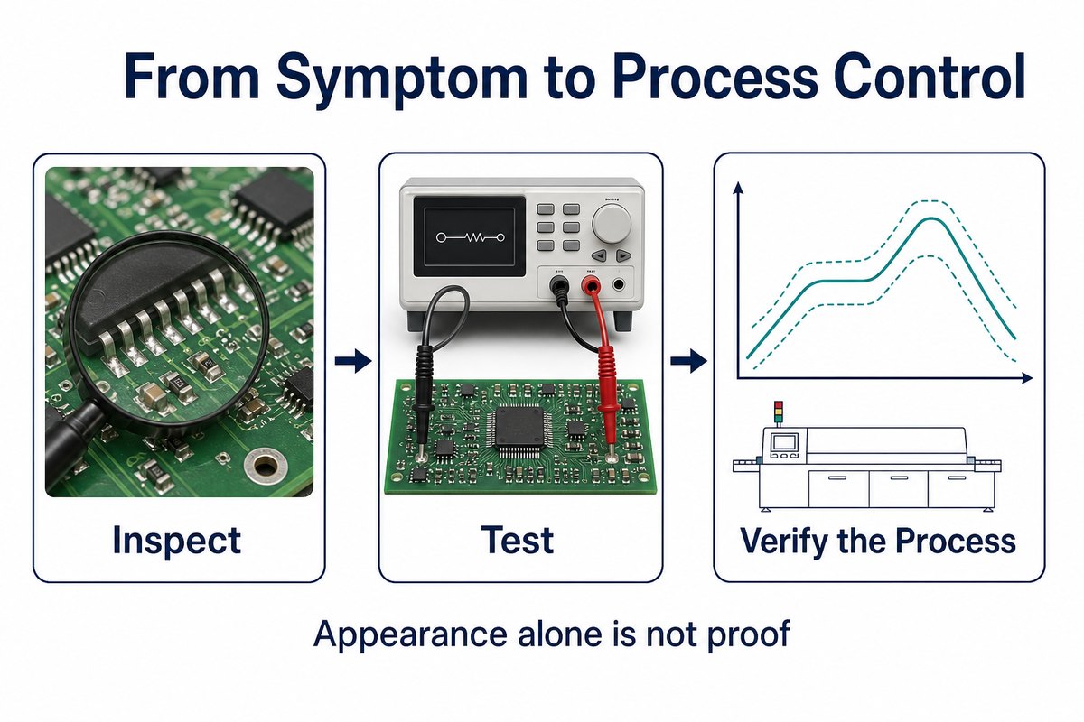 Inspection, electrical testing and process verification combined in a solder-joint investigation