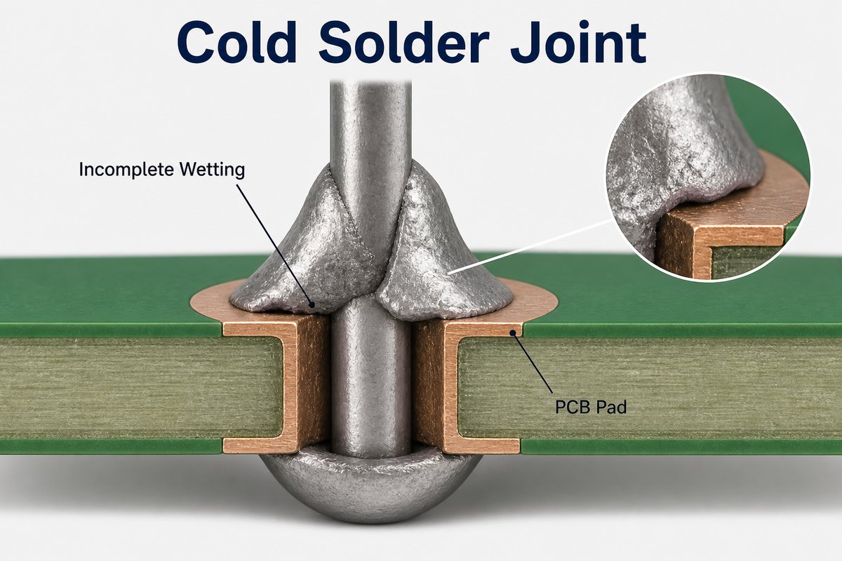 Cold Solder Joint conceptual PCB cutaway showing incomplete wetting at a pad