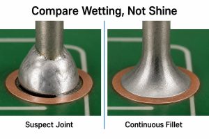 Conceptual comparison of an unwetted solder gap and a continuous solder fillet