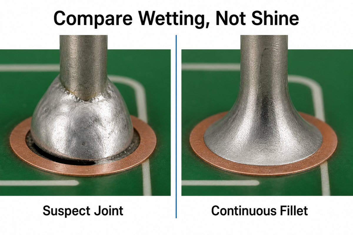 Conceptual comparison of an unwetted solder gap and a continuous solder fillet