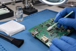 Controlled cleaning of flux residue from an exposed PCB with a low-lint swab